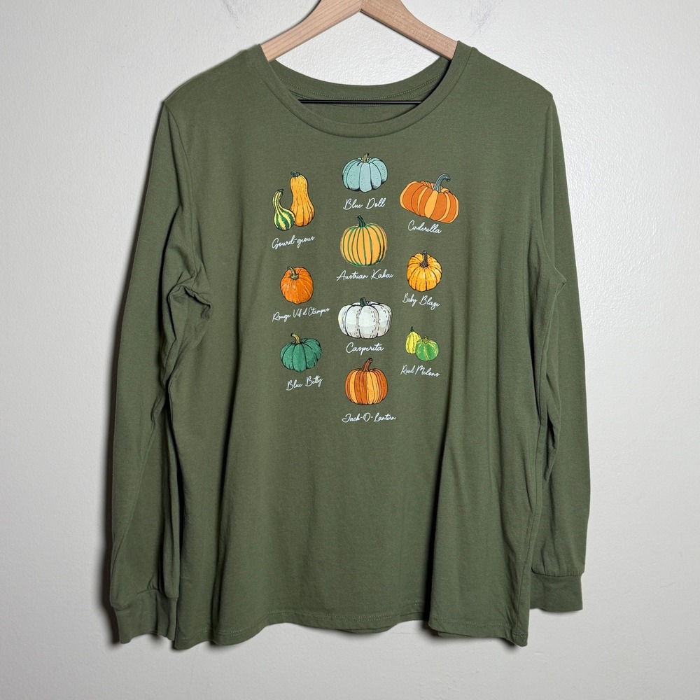 State of Mine Womens Cotton Blend Top Large Green Pumpkin Graphic Long Sleeve